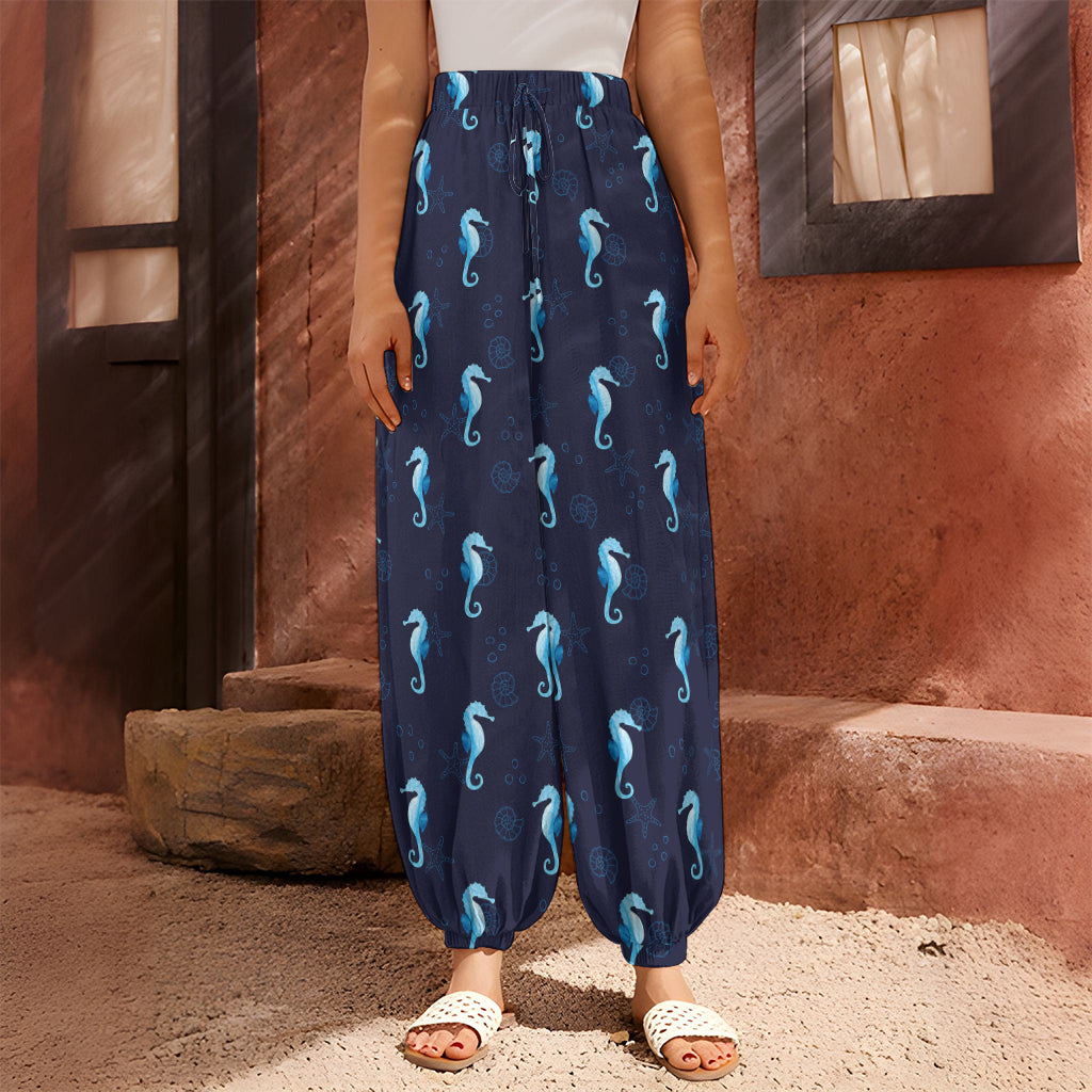 Blue Seahorse Pattern Print Harem Pants