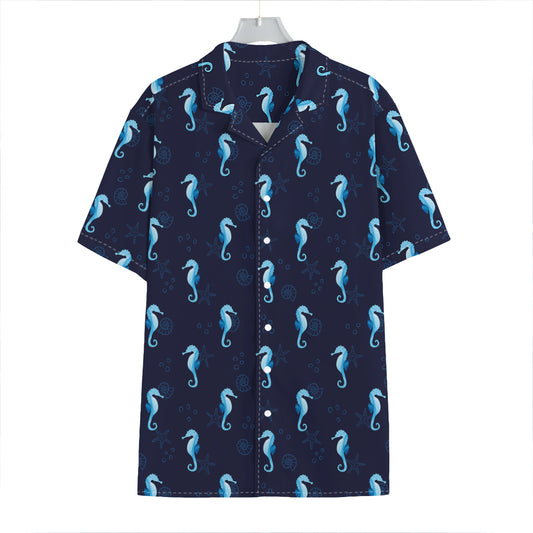 Blue Seahorse Pattern Print Hawaiian Shirt
