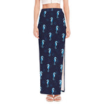 Blue Seahorse Pattern Print High Slit Maxi Skirt