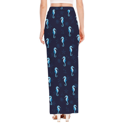 Blue Seahorse Pattern Print High Slit Maxi Skirt