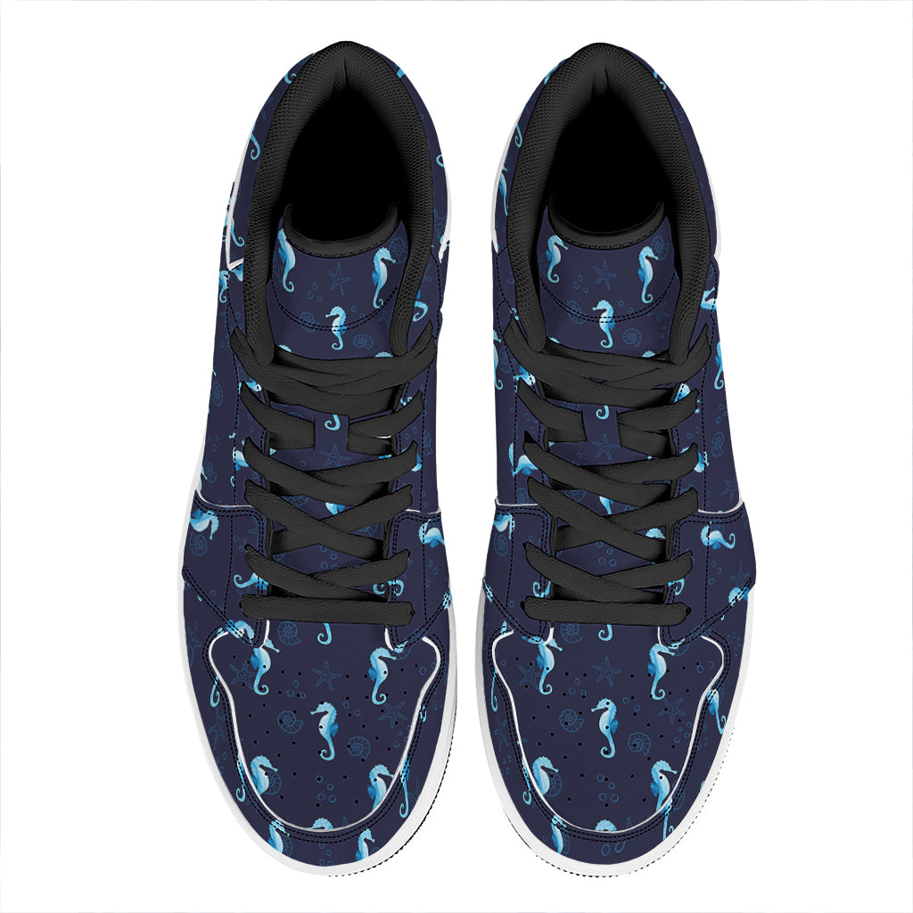 Blue Seahorse Pattern Print High Top Leather Sneakers