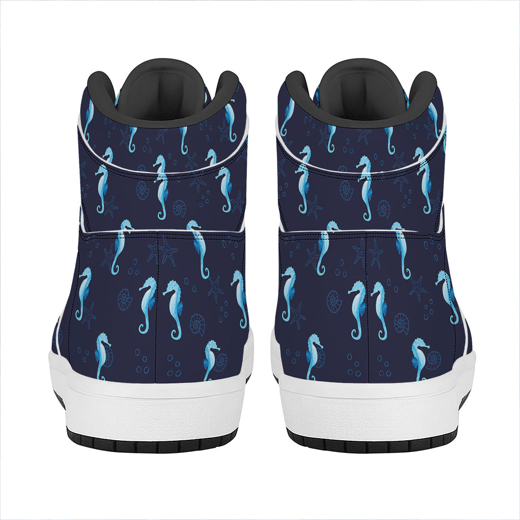 Blue Seahorse Pattern Print High Top Leather Sneakers
