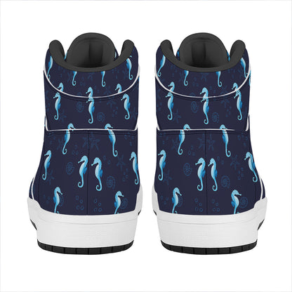Blue Seahorse Pattern Print High Top Leather Sneakers