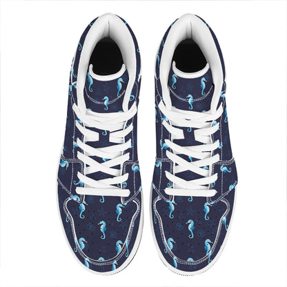 Blue Seahorse Pattern Print High Top Leather Sneakers