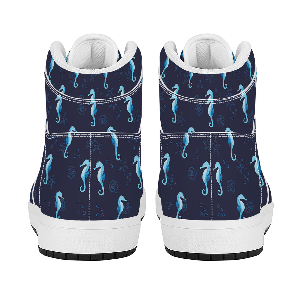 Blue Seahorse Pattern Print High Top Leather Sneakers