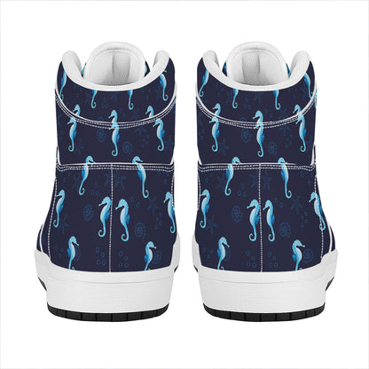 Blue Seahorse Pattern Print High Top Leather Sneakers