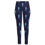 Blue Seahorse Pattern Print High-Waisted Pocket Leggings