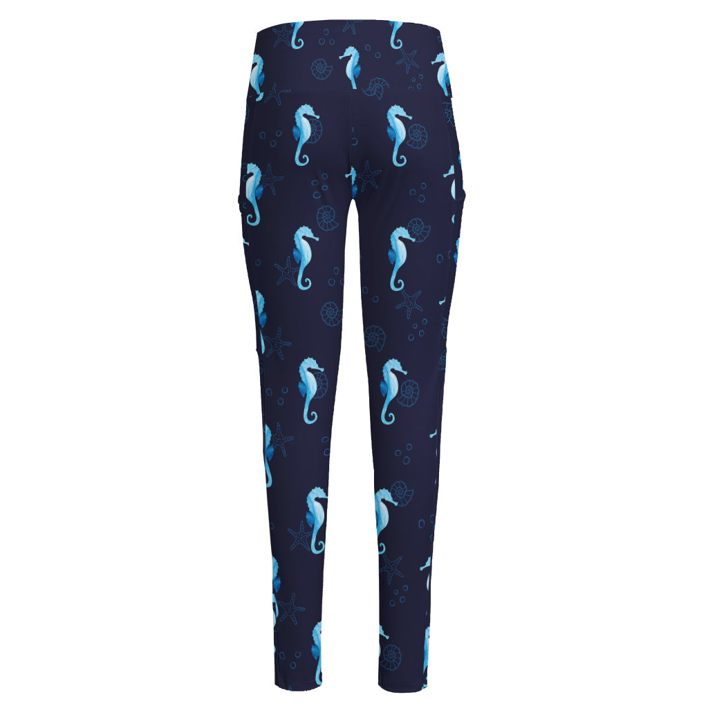 Blue Seahorse Pattern Print High-Waisted Pocket Leggings