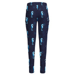 Blue Seahorse Pattern Print High-Waisted Pocket Leggings