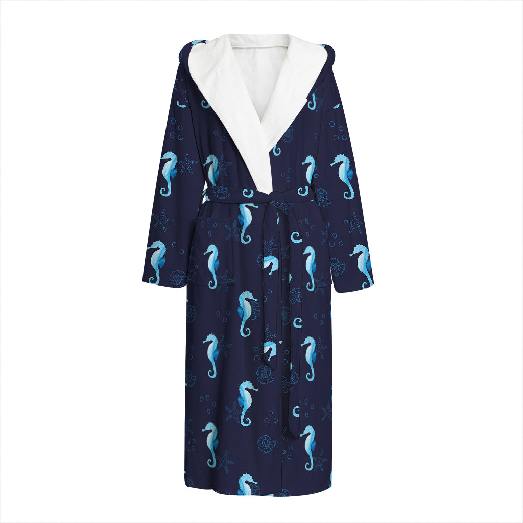 Blue Seahorse Pattern Print Hooded Bathrobe