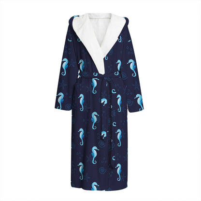 Blue Seahorse Pattern Print Hooded Bathrobe