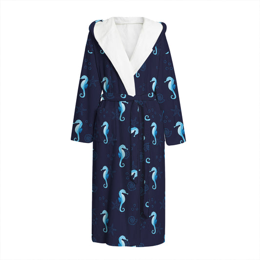Blue Seahorse Pattern Print Hooded Bathrobe