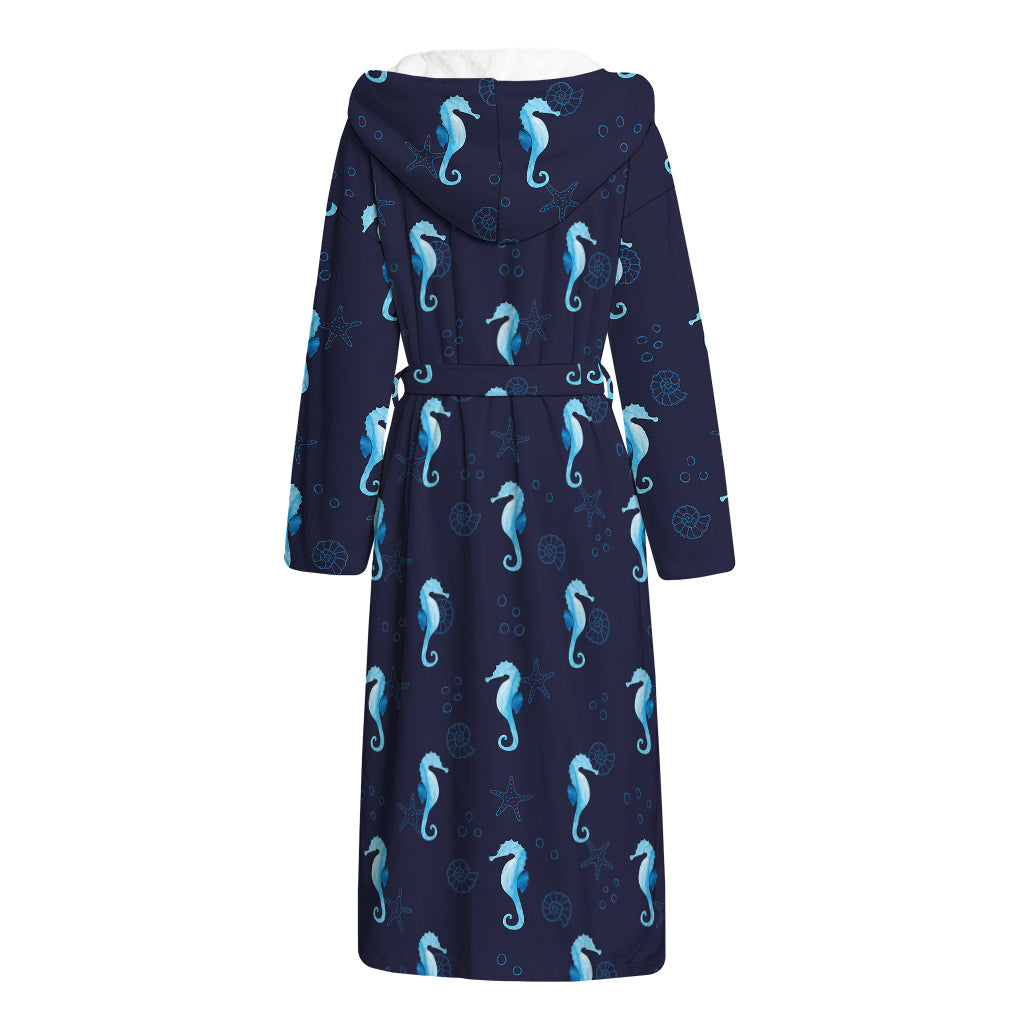 Blue Seahorse Pattern Print Hooded Bathrobe