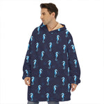 Blue Seahorse Pattern Print Hoodie Blanket