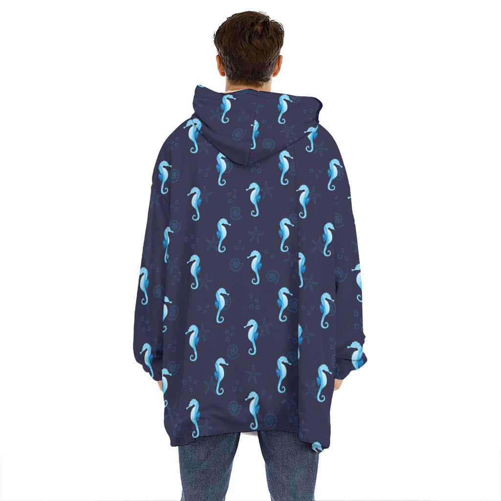 Blue Seahorse Pattern Print Hoodie Blanket