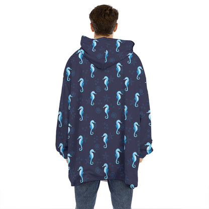 Blue Seahorse Pattern Print Hoodie Blanket