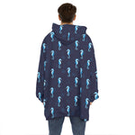 Blue Seahorse Pattern Print Hoodie Blanket