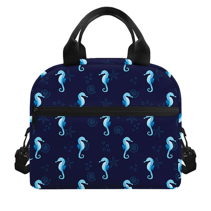 Blue Seahorse Pattern Print Insulated Lunch Bag