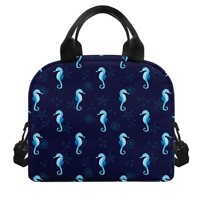 Blue Seahorse Pattern Print Insulated Lunch Bag