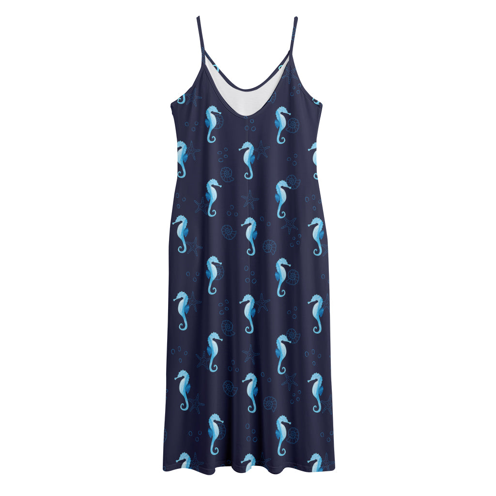 Blue Seahorse Pattern Print Jersey Midi Cami Dress