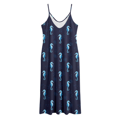Blue Seahorse Pattern Print Jersey Midi Cami Dress