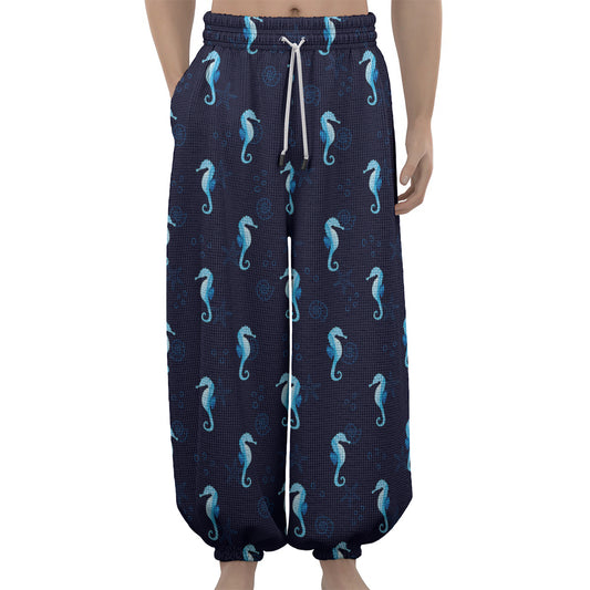 Blue Seahorse Pattern Print Lantern Pants