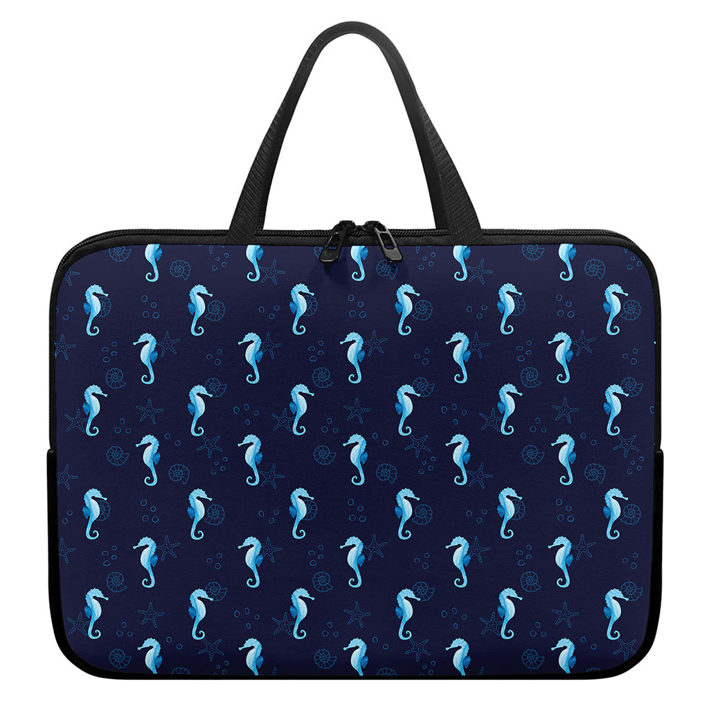 Blue Seahorse Pattern Print Laptop Sleeve With Handle