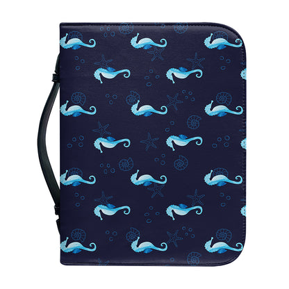 Blue Seahorse Pattern Print Leather Bible Cover