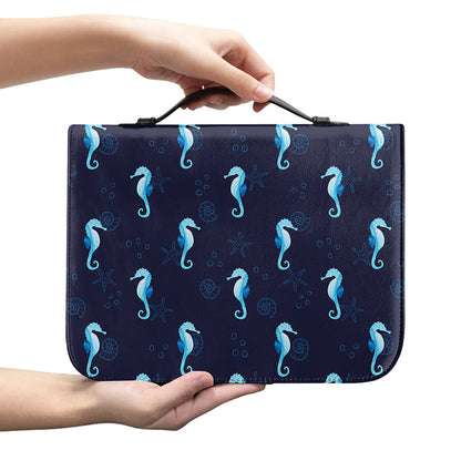 Blue Seahorse Pattern Print Leather Bible Cover