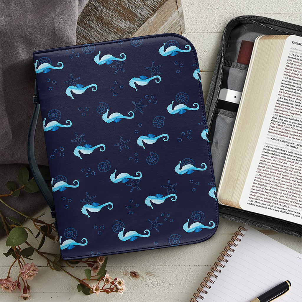 Blue Seahorse Pattern Print Leather Bible Cover