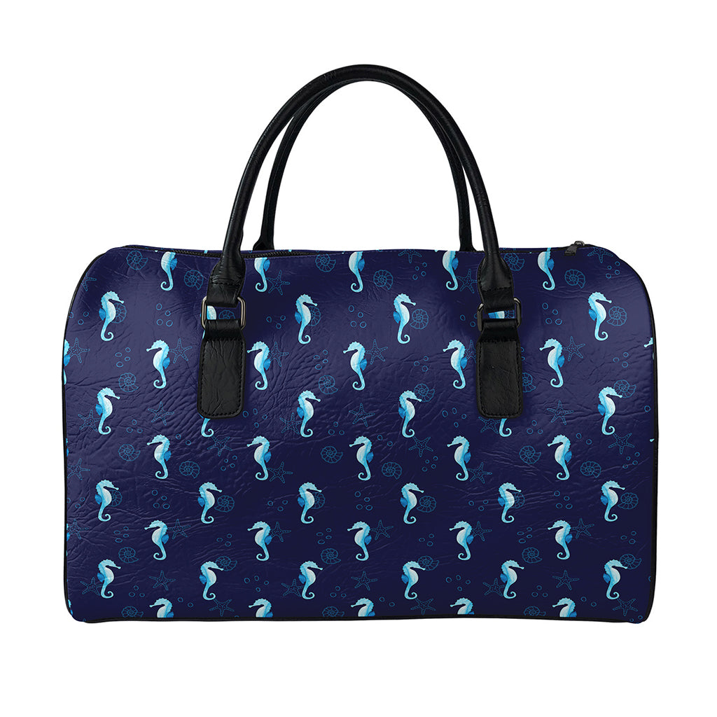 Blue Seahorse Pattern Print Leather Duffle Bag