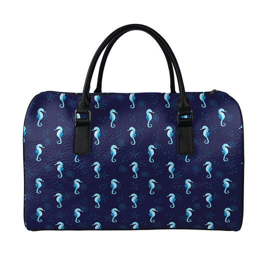 Blue Seahorse Pattern Print Leather Duffle Bag