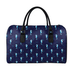 Blue Seahorse Pattern Print Leather Duffle Bag