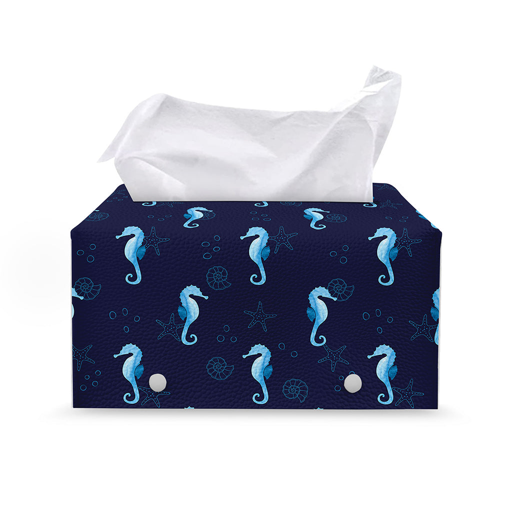 Blue Seahorse Pattern Print Leather Tissue Box Cover