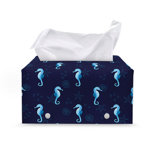 Blue Seahorse Pattern Print Leather Tissue Box Cover