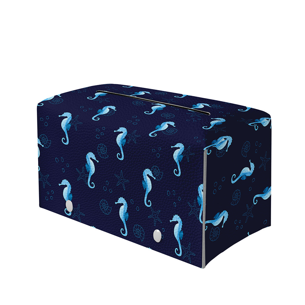 Blue Seahorse Pattern Print Leather Tissue Box Cover