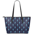 Blue Seahorse Pattern Print Leather Tote Bag With Zipper