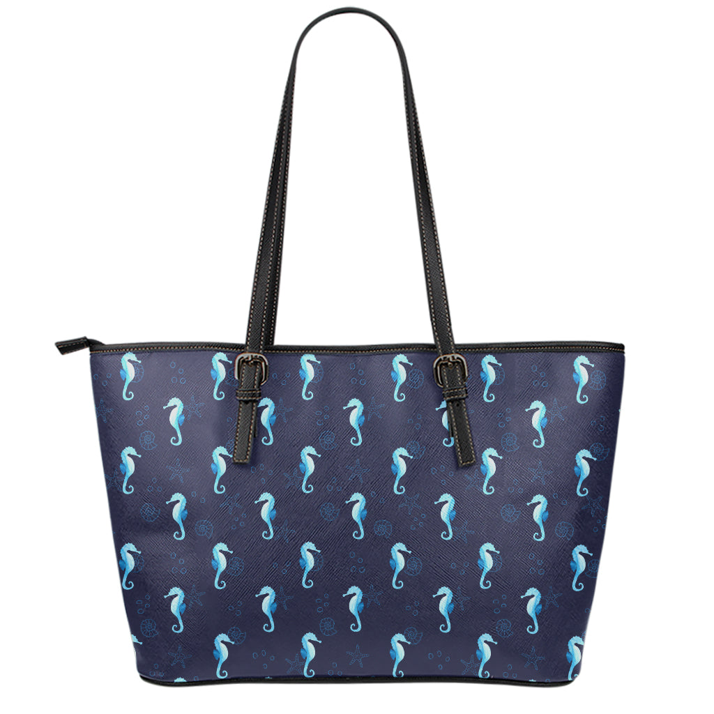 Blue Seahorse Pattern Print Leather Tote Bag