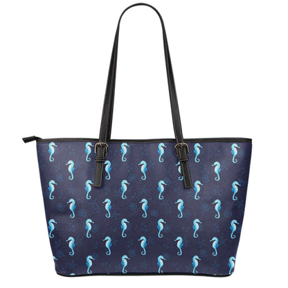 Blue Seahorse Pattern Print Leather Tote Bag