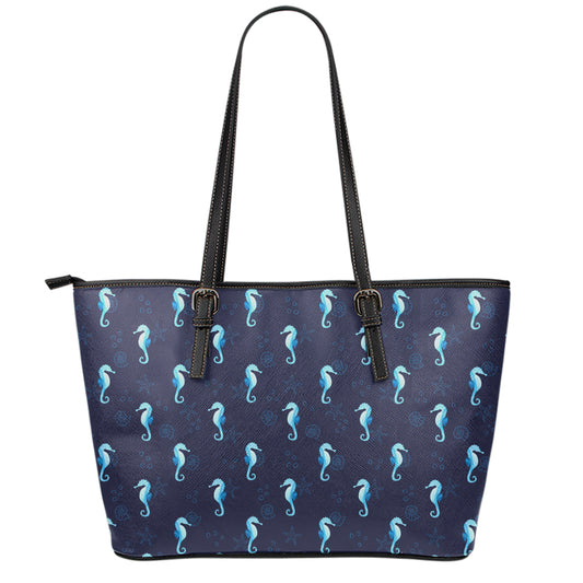 Blue Seahorse Pattern Print Leather Tote Bag