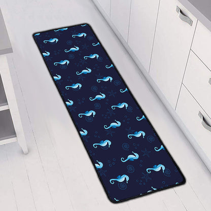 Blue Seahorse Pattern Print Long Kitchen Mat