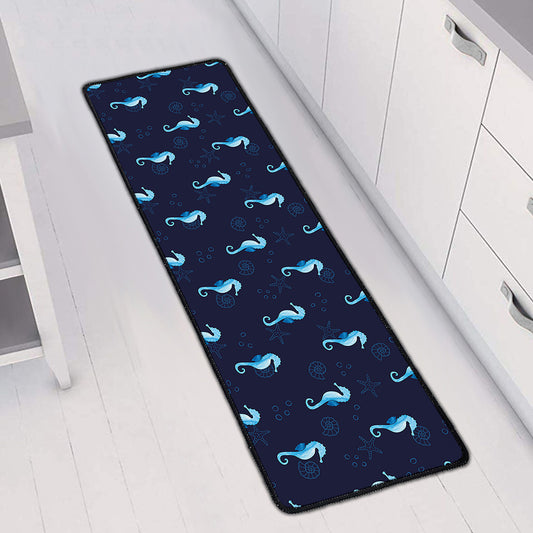 Blue Seahorse Pattern Print Long Kitchen Mat