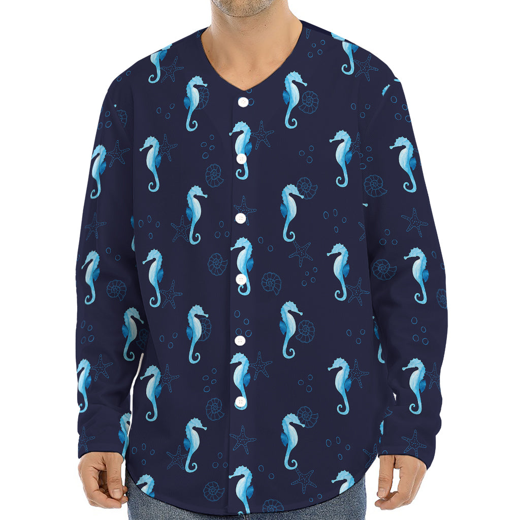 Blue Seahorse Pattern Print Long Sleeve Baseball Jersey