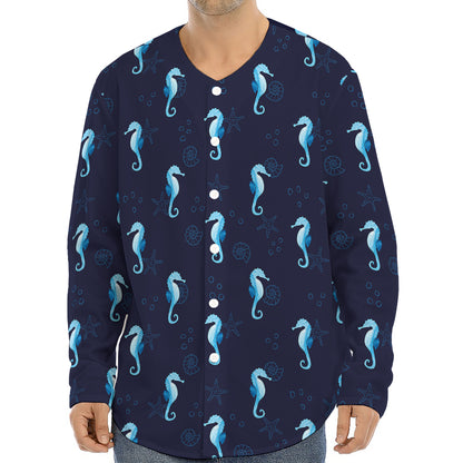 Blue Seahorse Pattern Print Long Sleeve Baseball Jersey