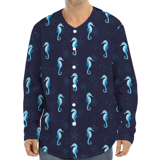 Blue Seahorse Pattern Print Long Sleeve Baseball Jersey