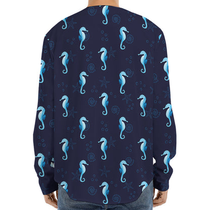 Blue Seahorse Pattern Print Long Sleeve Baseball Jersey