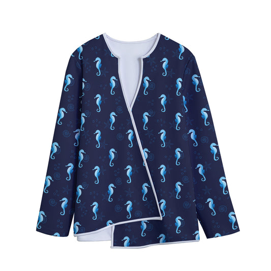 Blue Seahorse Pattern Print Long Sleeve Short Coat