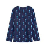 Blue Seahorse Pattern Print Long Sleeve Short Coat