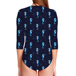 Blue Seahorse Pattern Print Long Sleeve Swimsuit