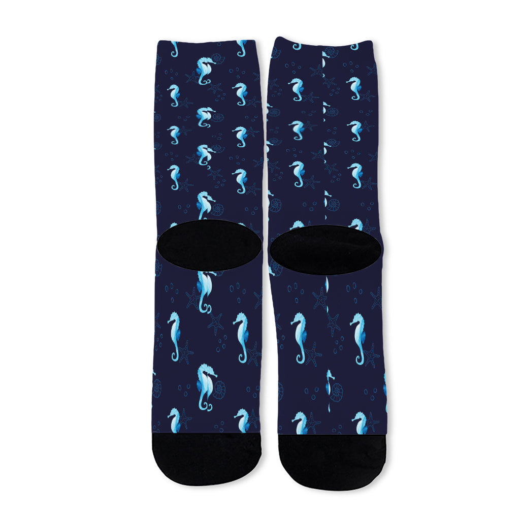 Blue Seahorse Pattern Print Long Socks